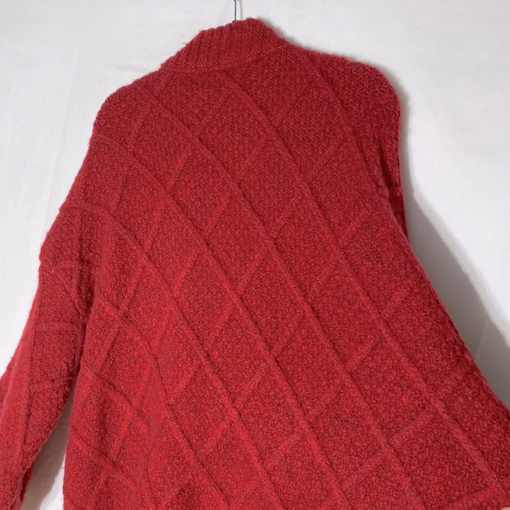 Vintage Oversized Red Chunky Textured Diamond Knit Cardigan Sweater W Toggles XL - Picture 5 of 14